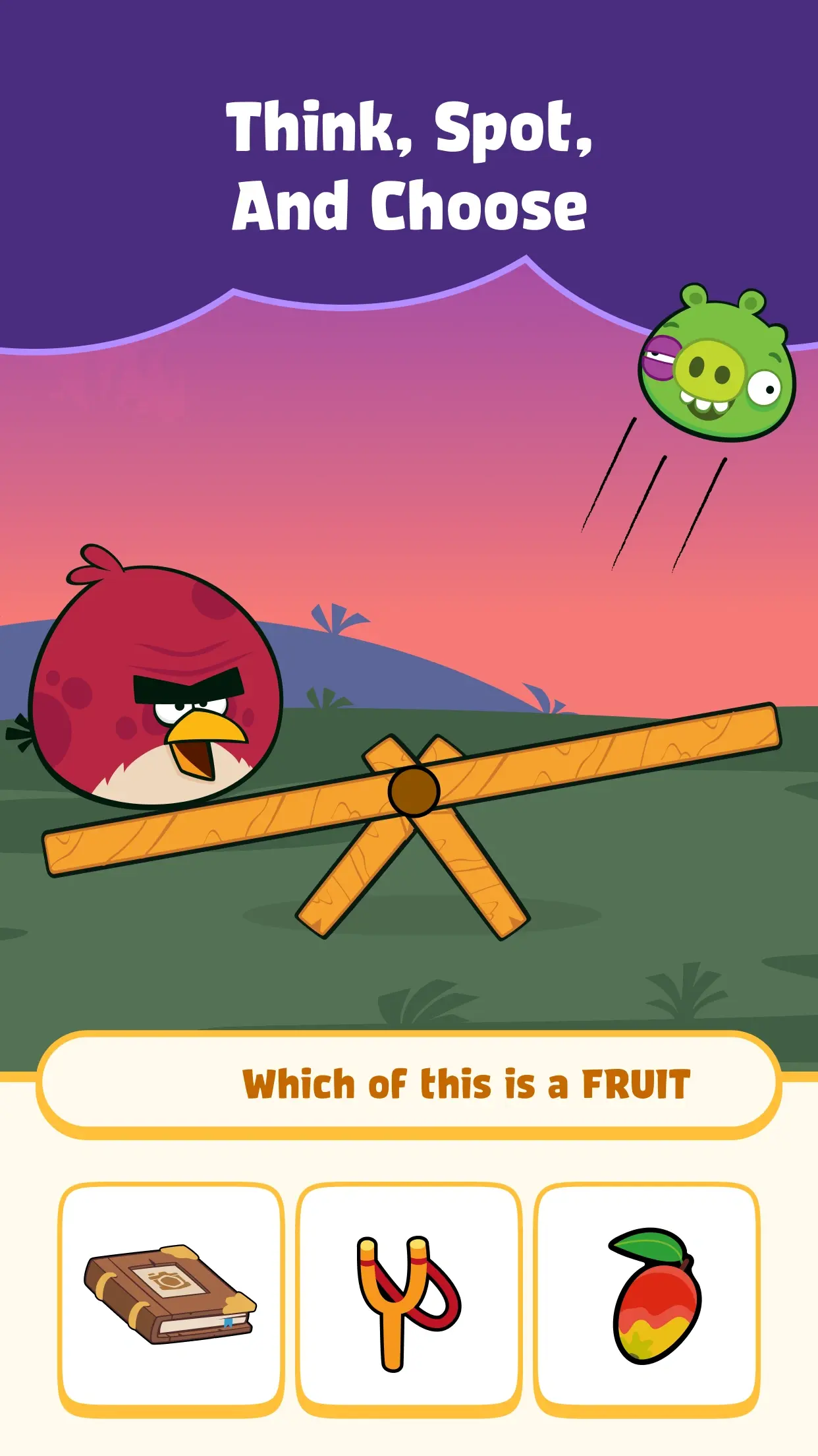 Angry Birds Math Mania gameplay screen asking kids to choose the fruit, with book,catapult as answer options.