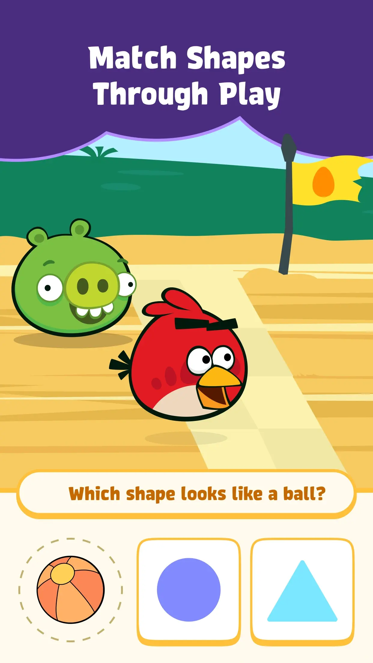 Angry Birds Math Mania gameplay screen asking kids to identify a shape, with different colorful shape options shown below.