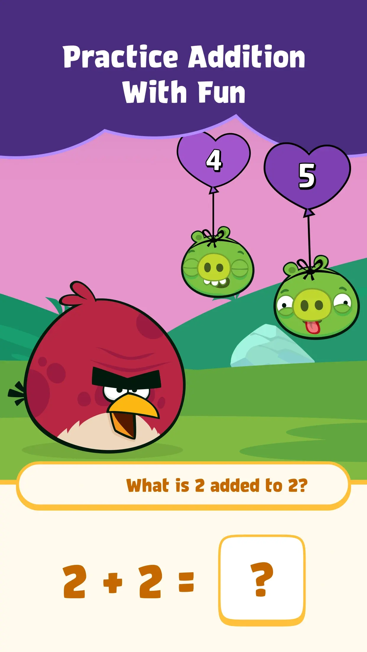 Angry Birds Math Mania gameplay screen showing a simple addition question, 2 plus 2, with number answer options.