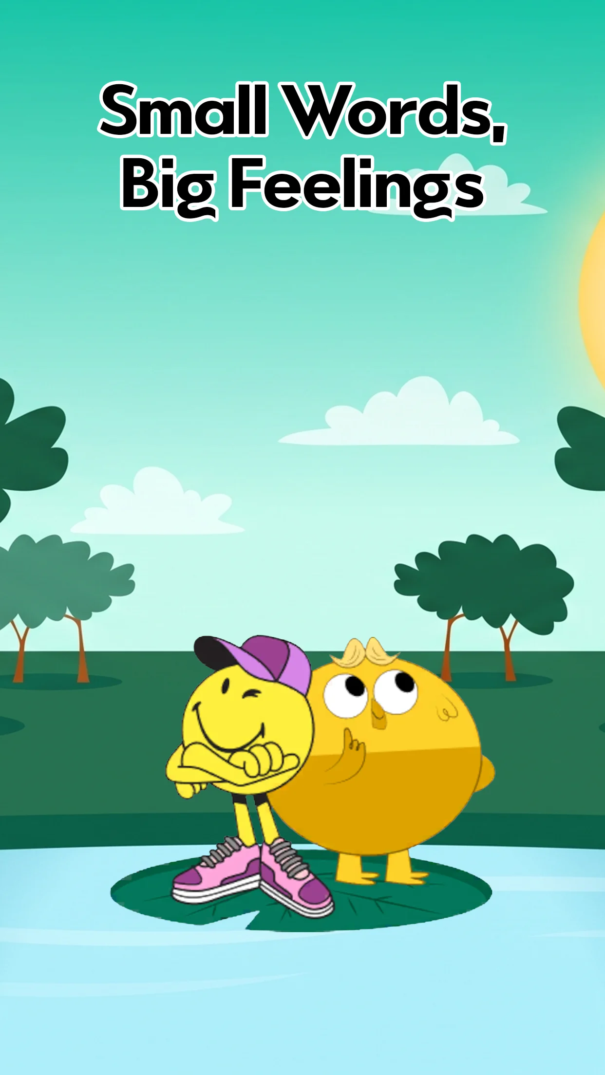 SmileyWorld Happier Minds screenshot with header text 'Small Words, Big Feelings', featuring a winking yellow smiley character standing next to a yellow bird outdoors.