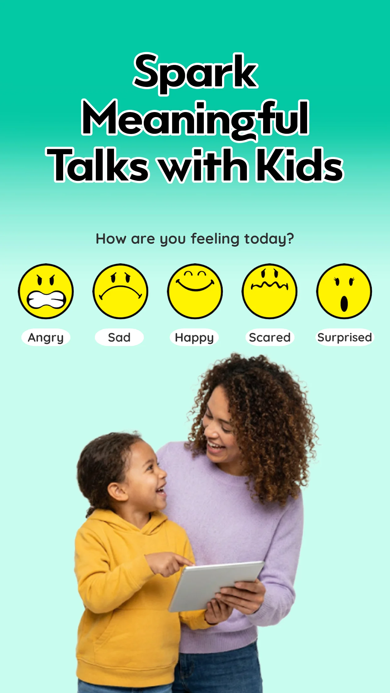Game screenshot with header 'Spark Meaningful Talks with Kids' showing a daily mood check-in with SmileyWorld emotion faces above a mother and child using a tablet.