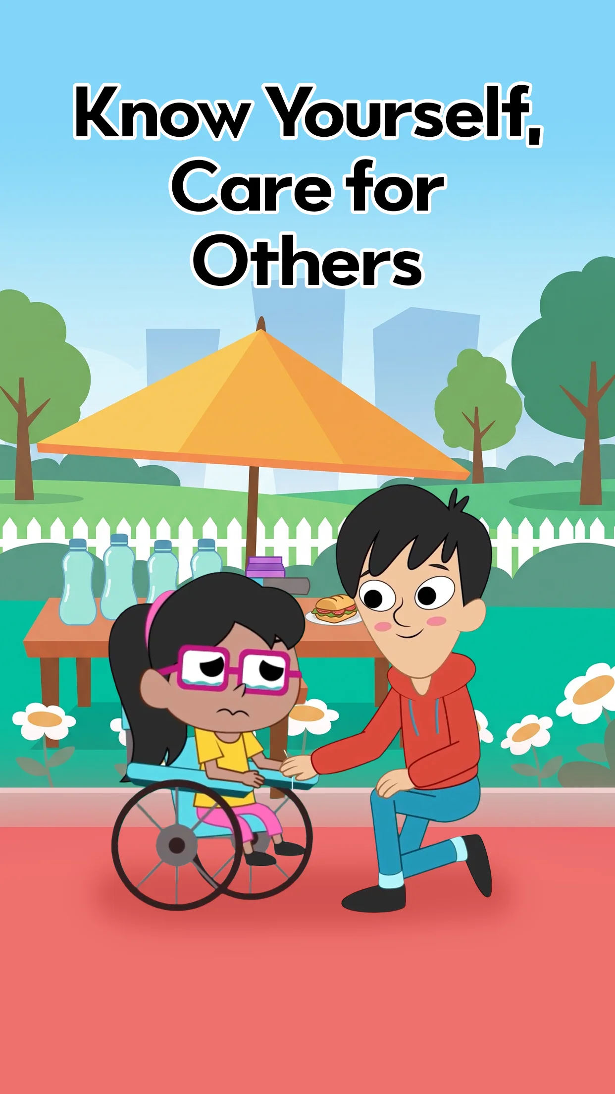 In-game story screen titled 'Know Yourself, Care for Others' depicting a boy comforting a girl in a wheelchair outdoors to build empathy and social skills.
