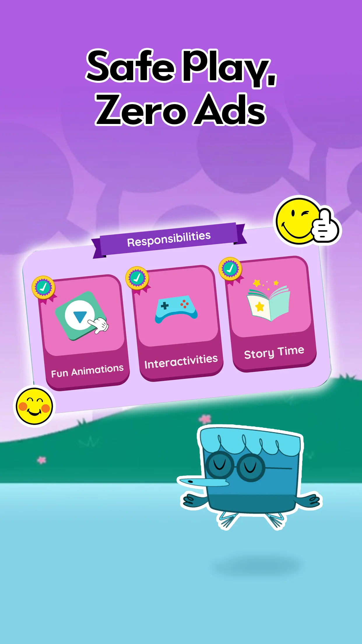 Promotional game interface displaying 'Safe Play, Zero Ads' with completion badges for Fun Animations, Interactivities, and Story Time features.