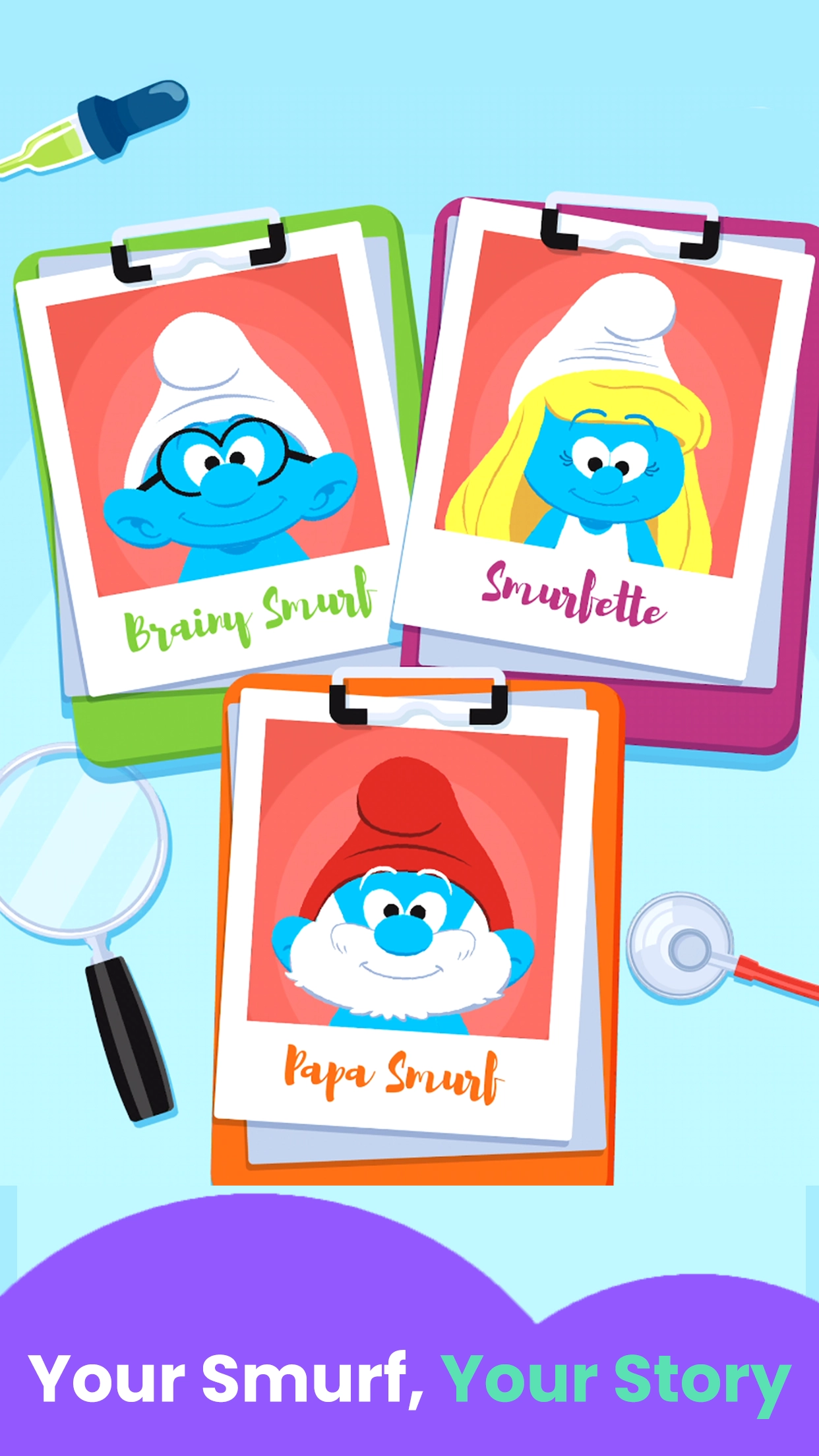 Interactive Smurf doctor game for kids with character selection and care-based gameplay.