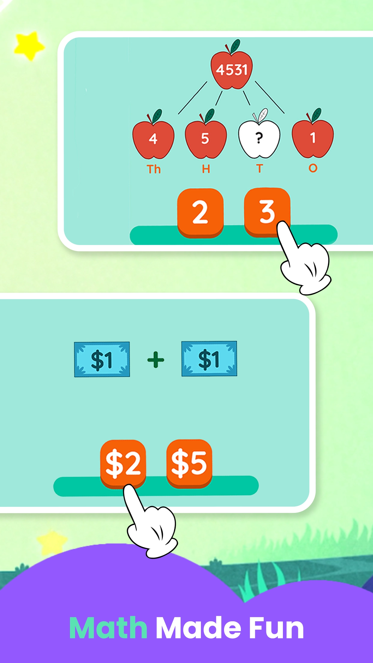 Fun math learning game for kids showing numbers, counting, and problem-solving activities.