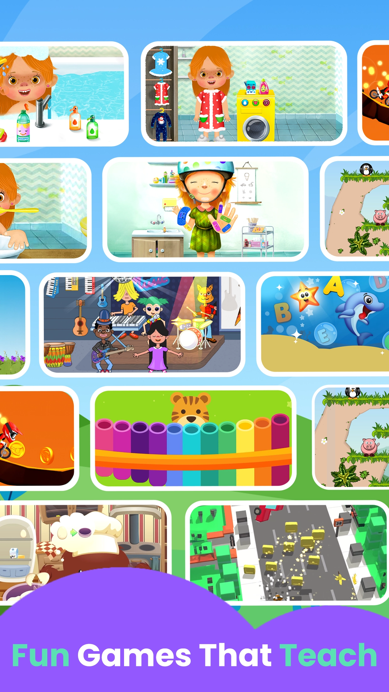Learning care and real-life scenarios through interactive educational games.
